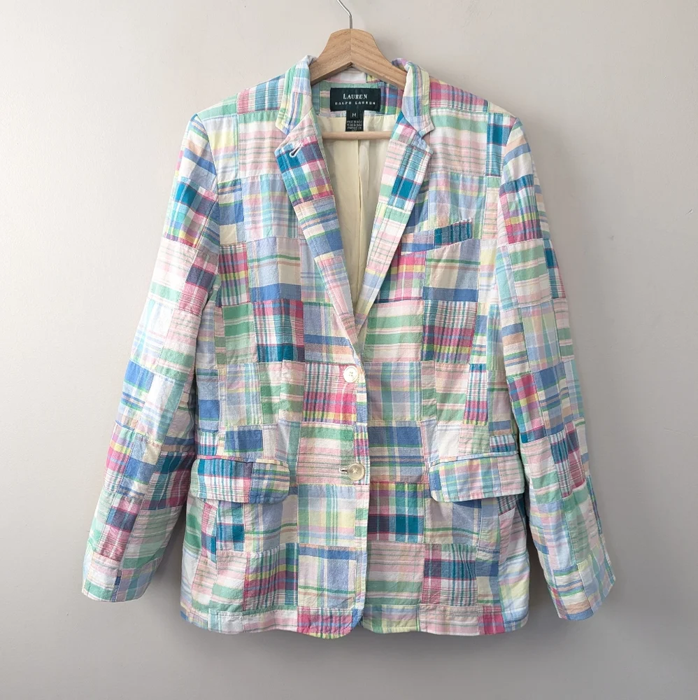 Vintage Ralph Lauren Madras Plaid Pastel Patchwork Blazer - Picture 1 of 13